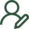 Minimalist dark green icon of a person writing with a pencil.