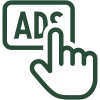 Hand cursor clicking on a square labeled ADS representing digital advertisement interaction.