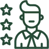 Line icon showing a business person with three green stars overlapping the left side.