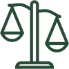 Green icon of a balanced scale representing justice or law.