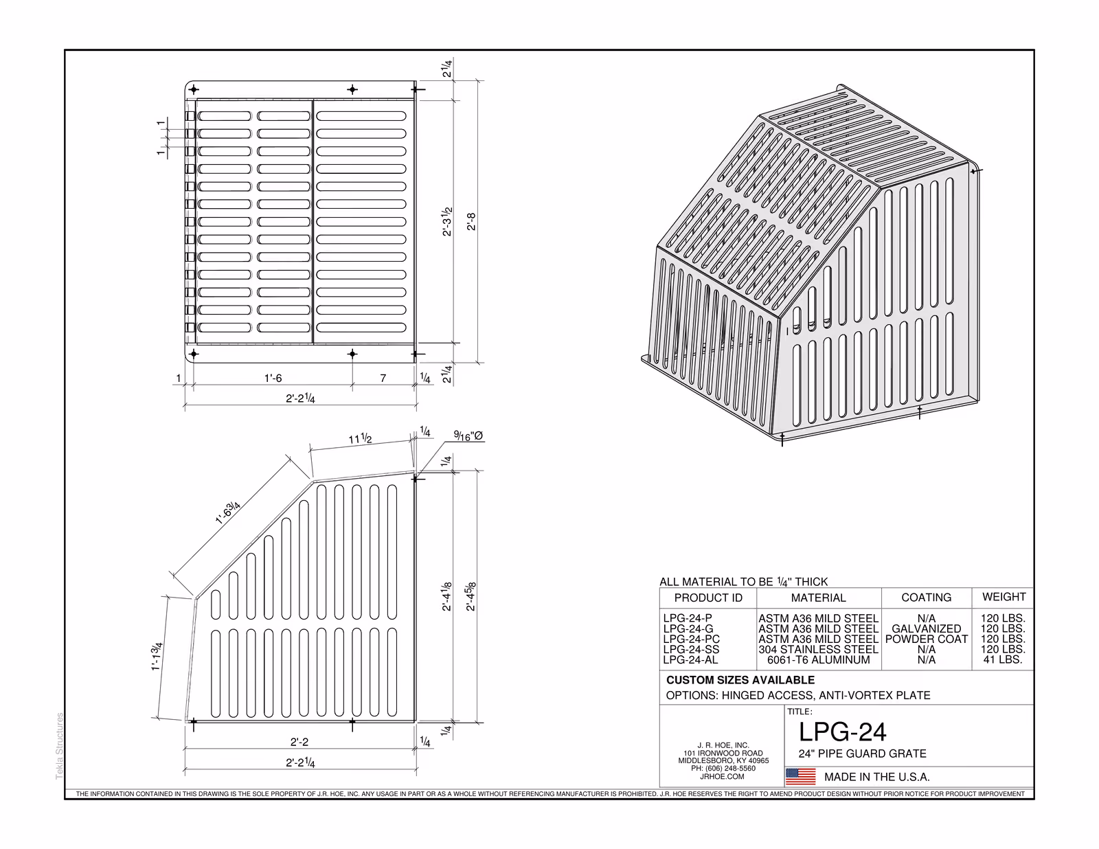 Technical drawing of LPG-24 pipe guard grate with dimensions and material specifications.