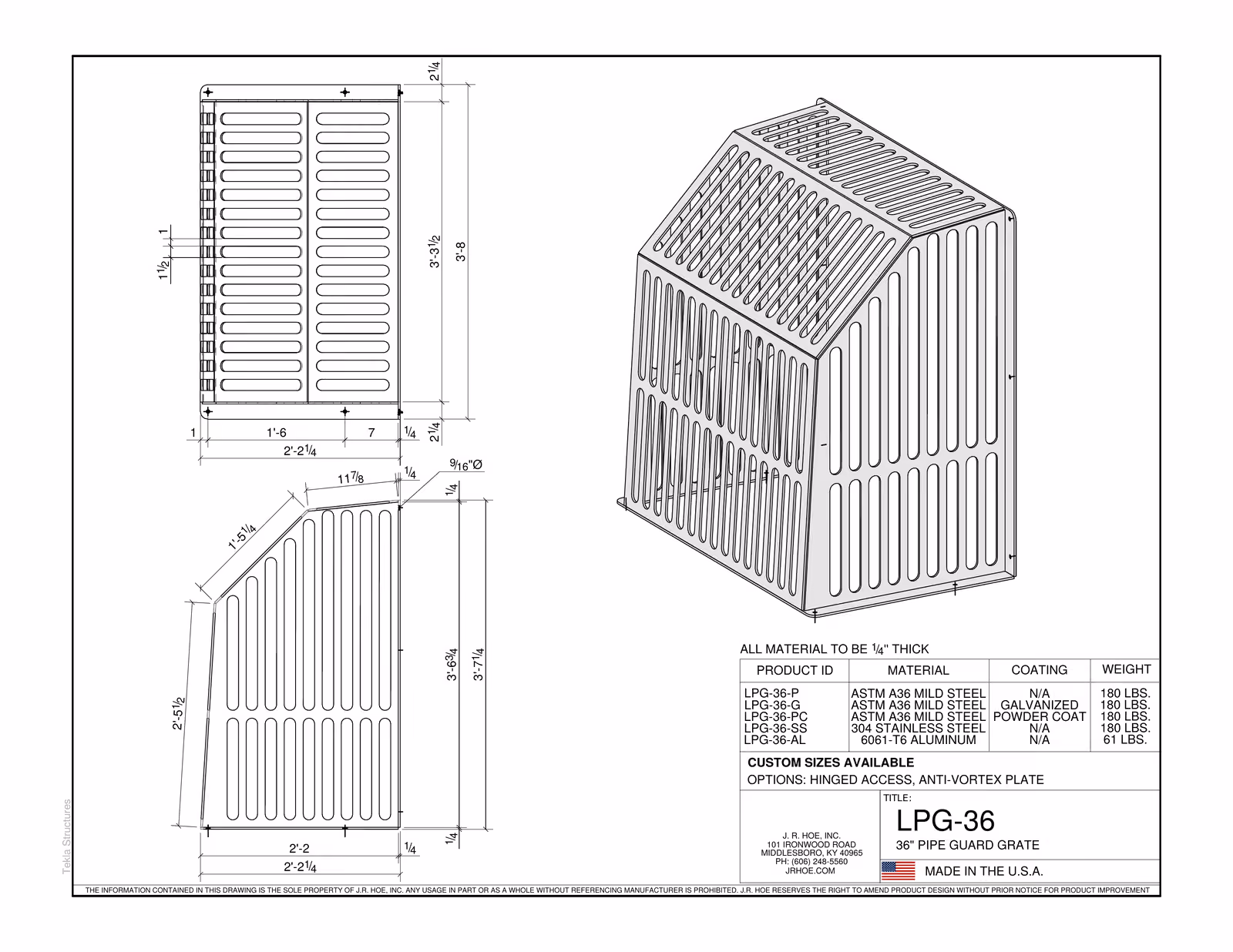 Technical drawing and 3D view of LPG-36 36-inch pipe guard grate with dimensions and materials.