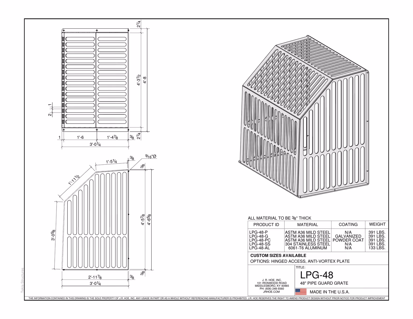 Technical drawing and 3D view of a 48-inch pipe guard grate with detailed dimensions and material specs.
