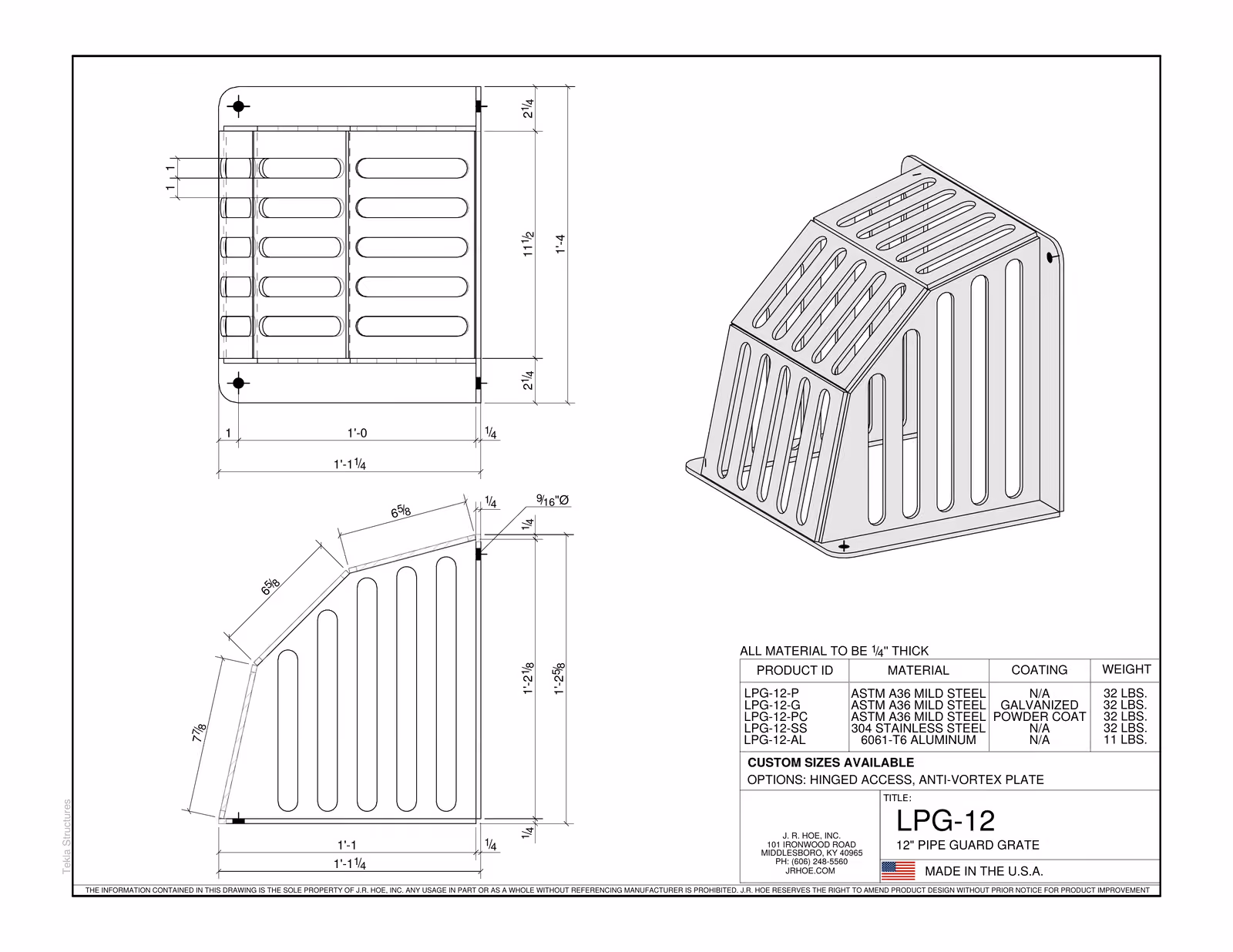 Technical drawing of LPG-12 12-inch pipe guard grate with dimensions, material specs, and options.