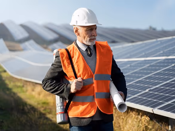 Vanha mies kypärässä ja oranssissa turvaliivi katsomassa aurinkopaneeleja.