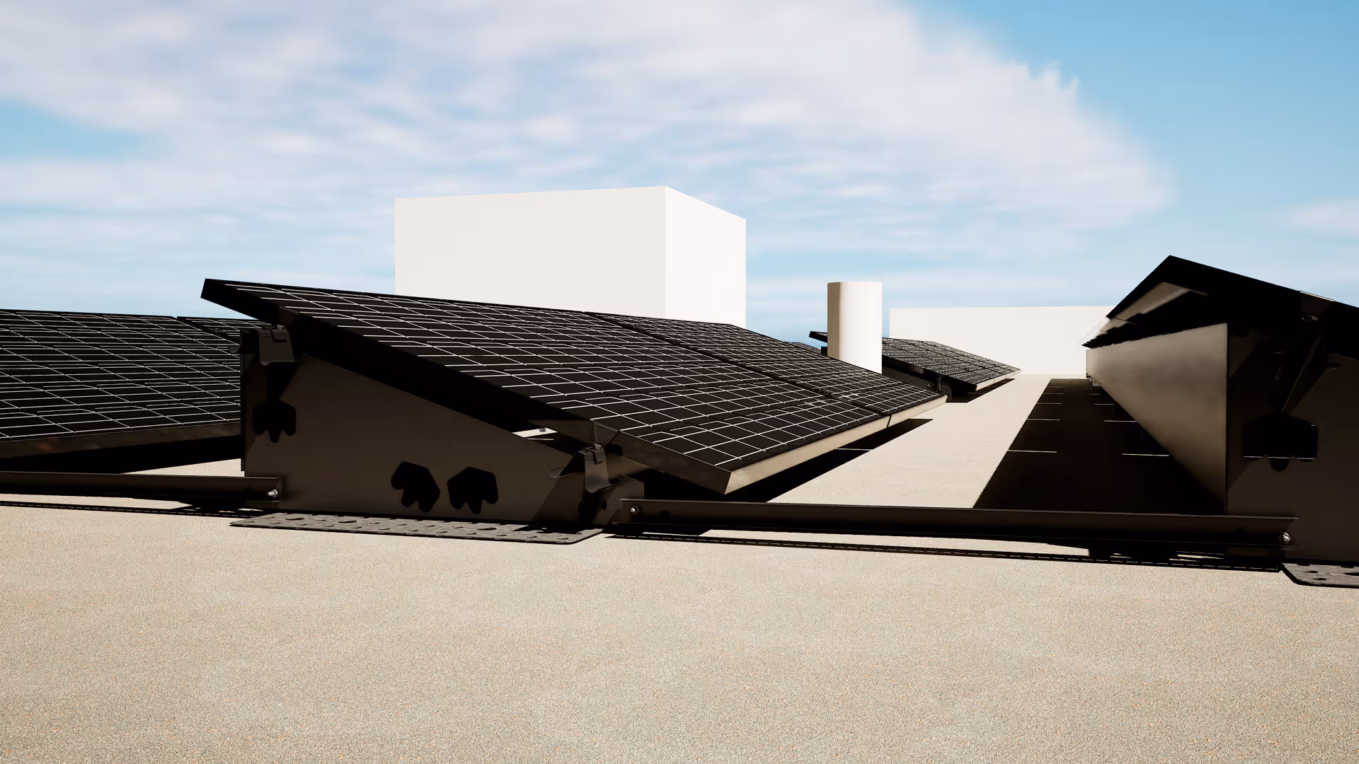 Aurinkopaneeleita asennettuna tasaiselle katolle kirkkaan taivaan alla.