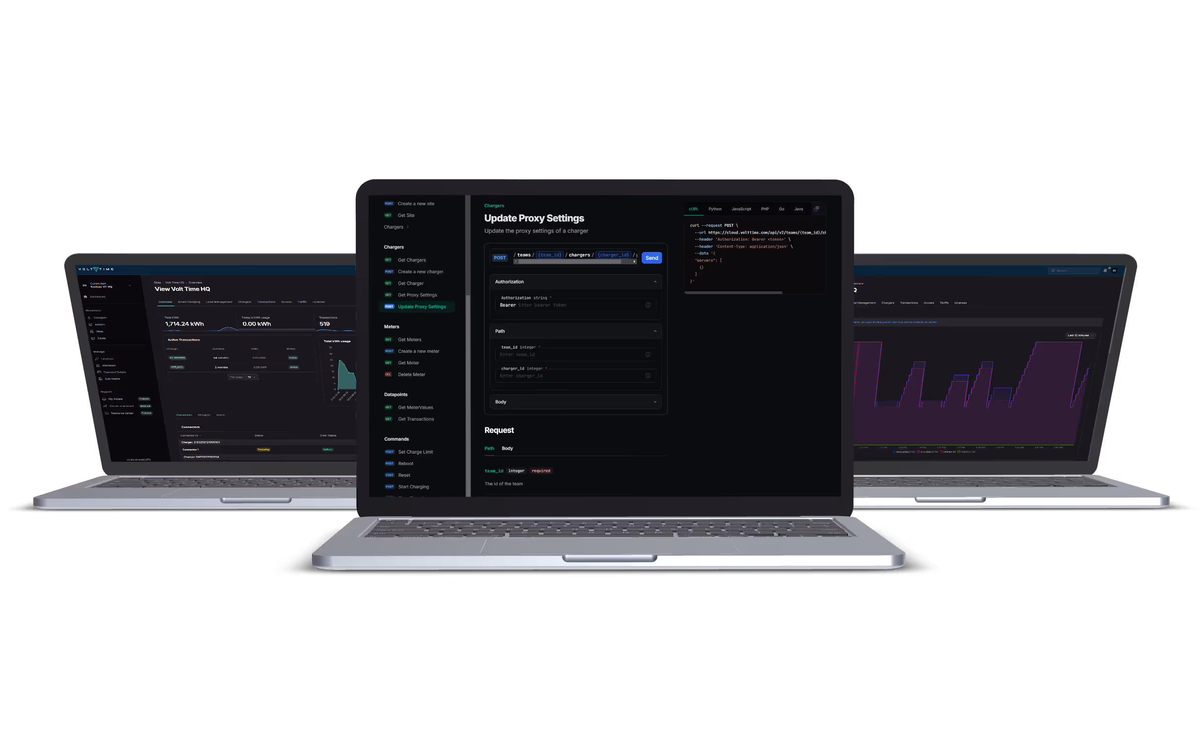 Kolme kannettavaa tietokonetta, joiden näytöillä on tumman teeman ohjelmiston hallintapaneeleja, sisältäen koodin proxy-asetuksille ja energiankulutuksen graafit.