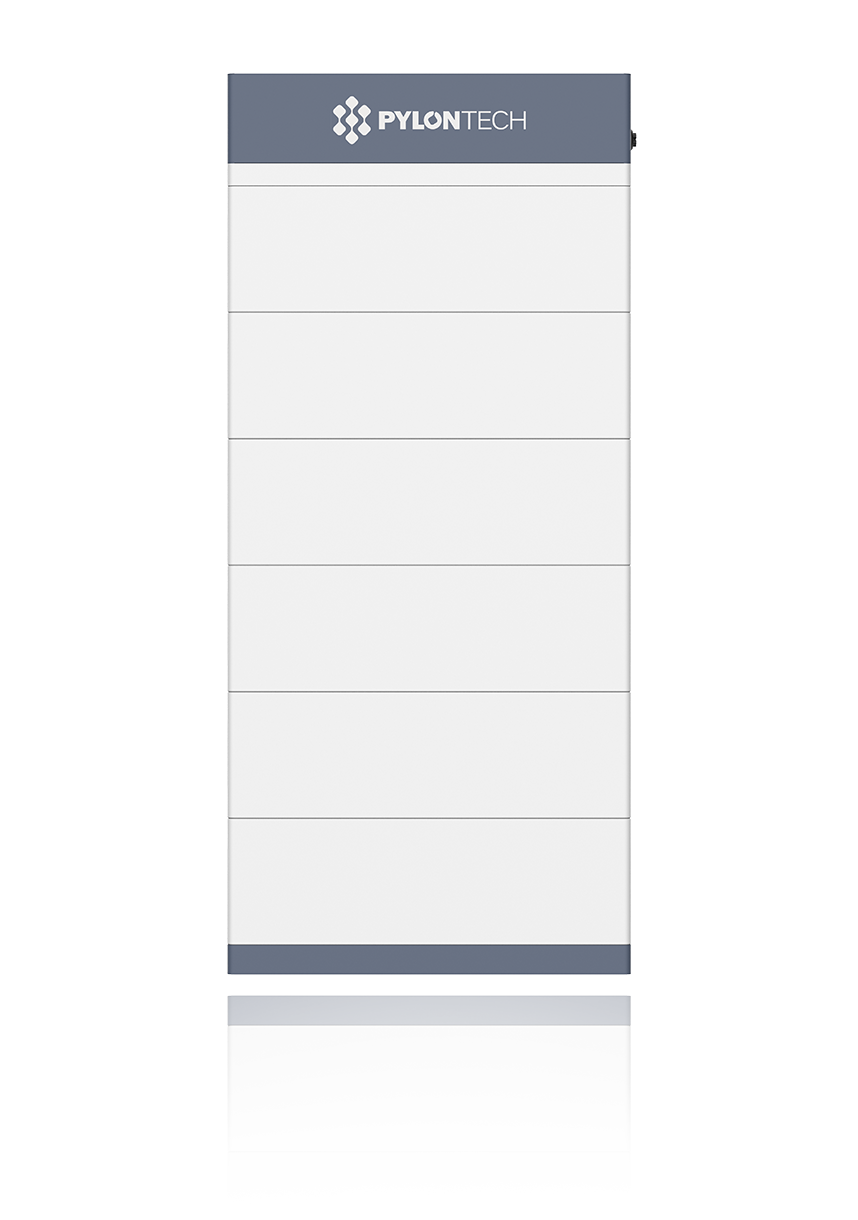 Pylontech-merkki ylhäällä valkoinen ja harmaa moduuliyksikkö, jossa useita helposti erotettavia vaakasuoria osia.