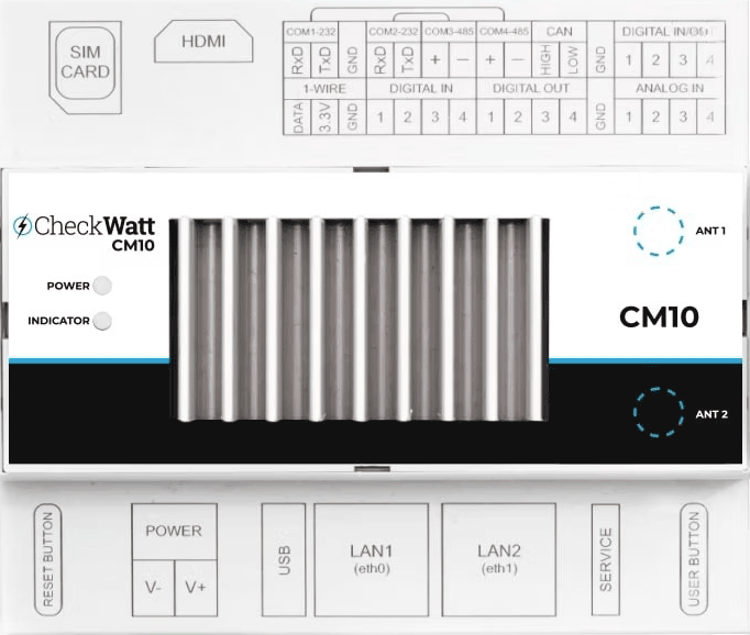 CheckWatt CM10 laite, jossa SIM-korttipaikka, HDMI-liitäntä, COM- ja CAN-portit, digitaalinen ja analoginen sisääntulo, USB, LAN1 ja LAN2, virta- ja palvelupainikkeet sekä ANT1 ja ANT2 antenniliitännät.