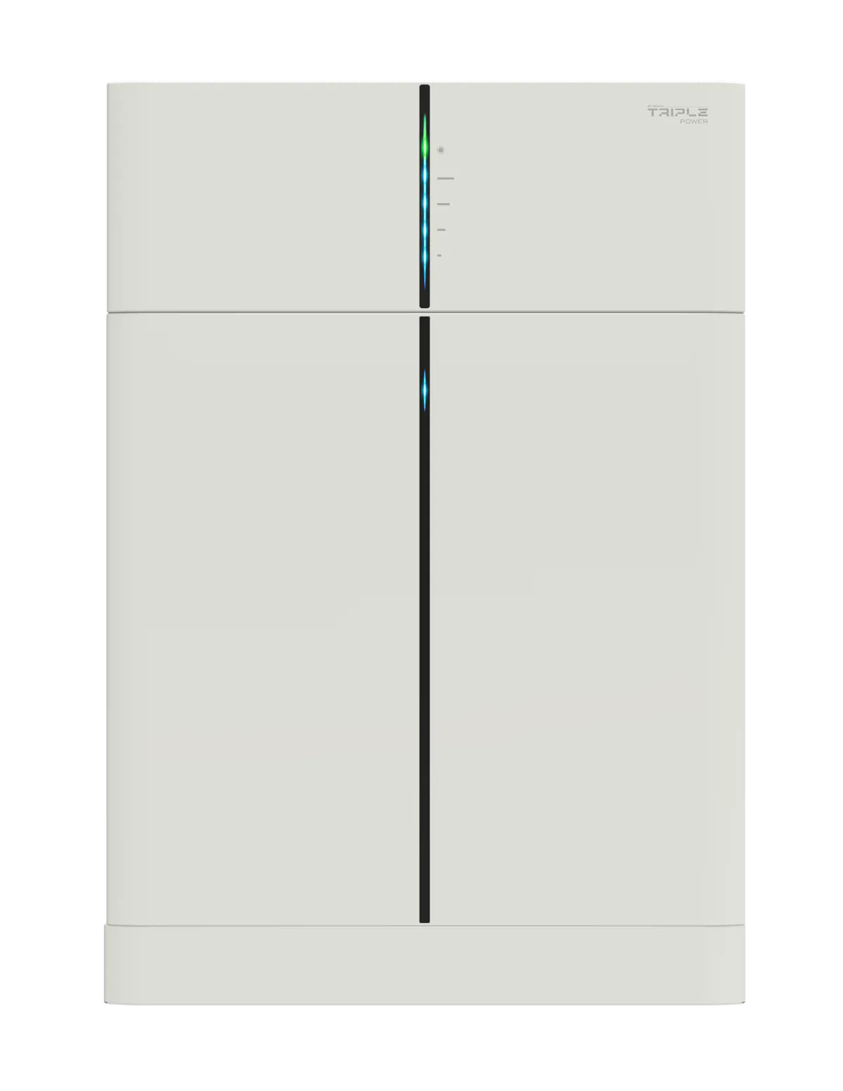 Pylontech-merkki ylhäällä valkoinen ja harmaa moduuliyksikkö, jossa useita helposti erotettavia vaakasuoria osia.