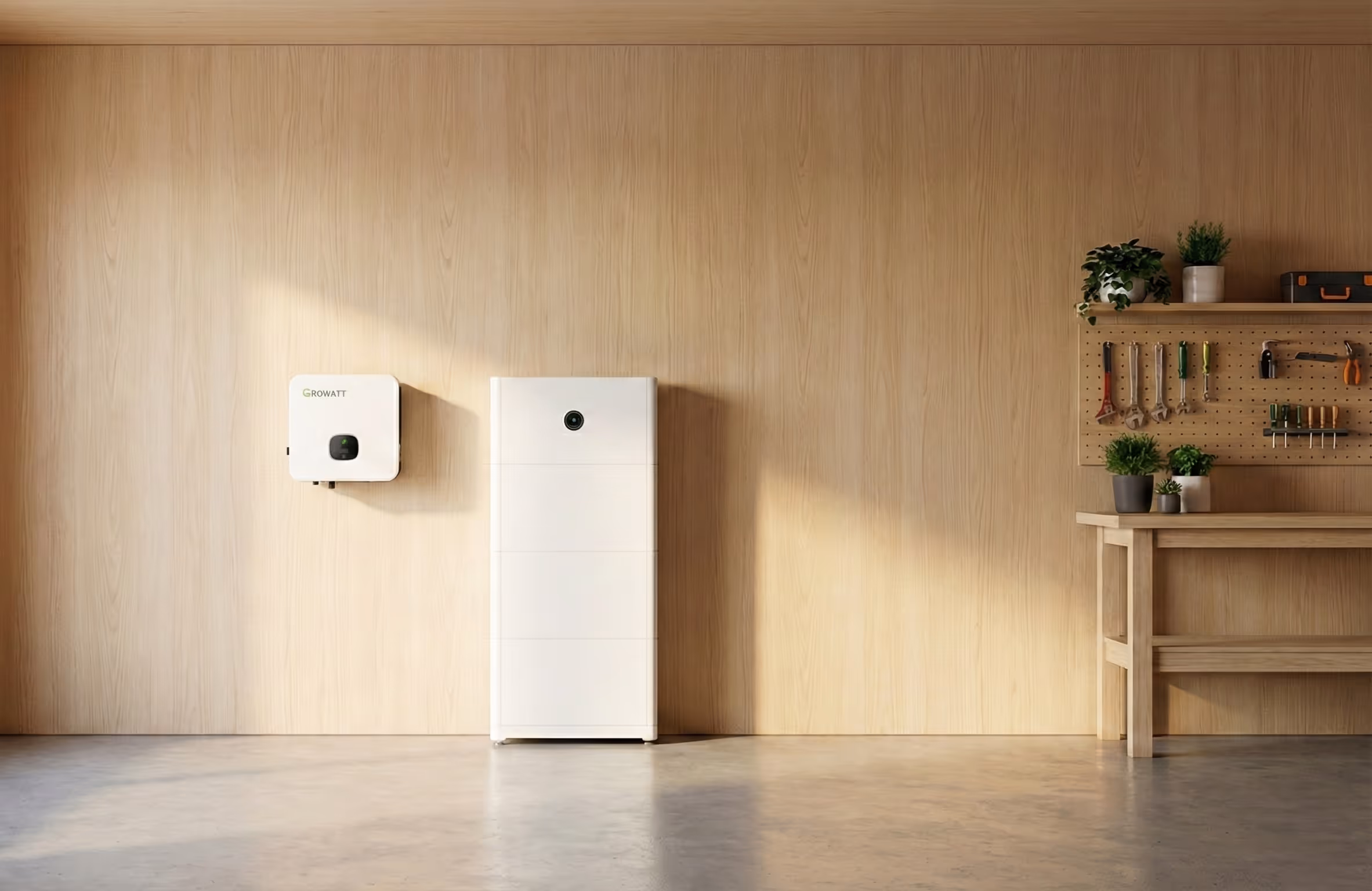 Moderni ulkorakennus valkoisine seinineen ja katoksellinen säilytysalue rivissä oleville yksiköille.