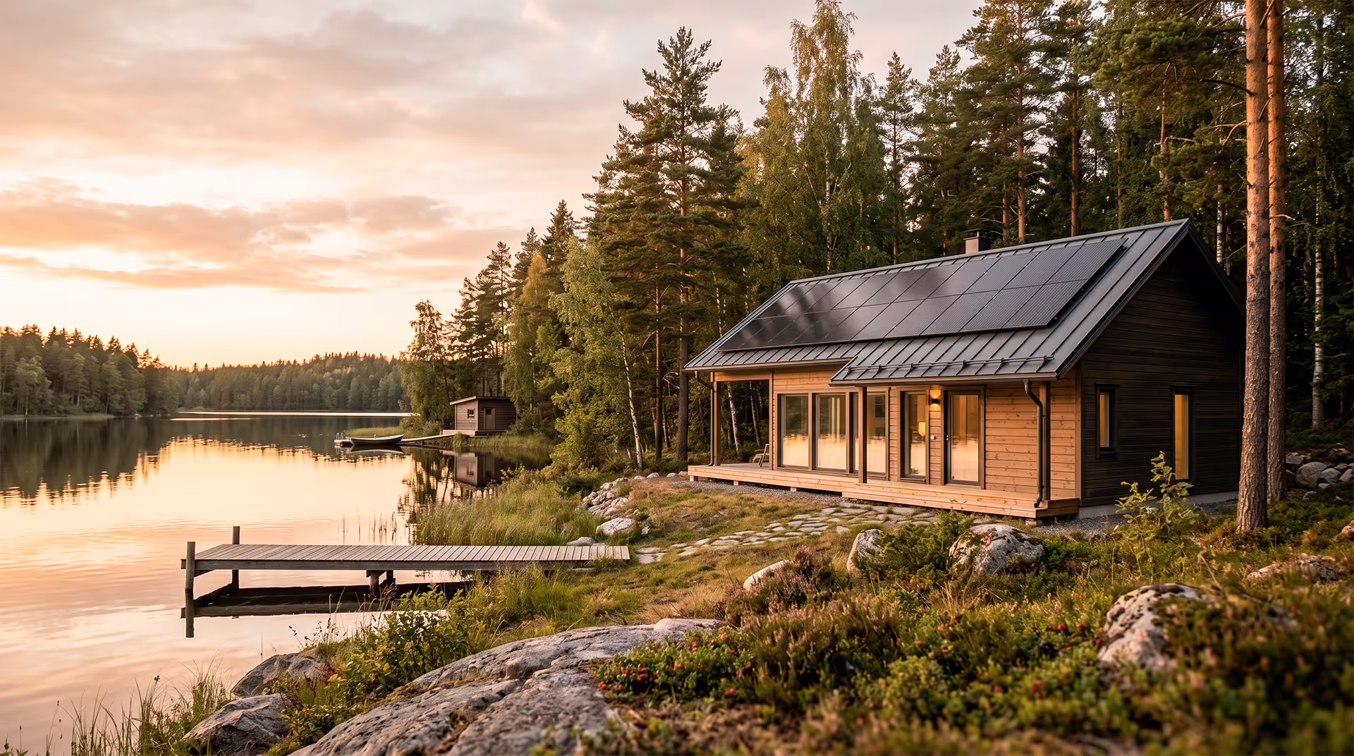 Mökki järven rannalla metsän keskellä, jossa katon aurinkopaneelit ja laituri veden ääressä auringonlaskun aikaan.