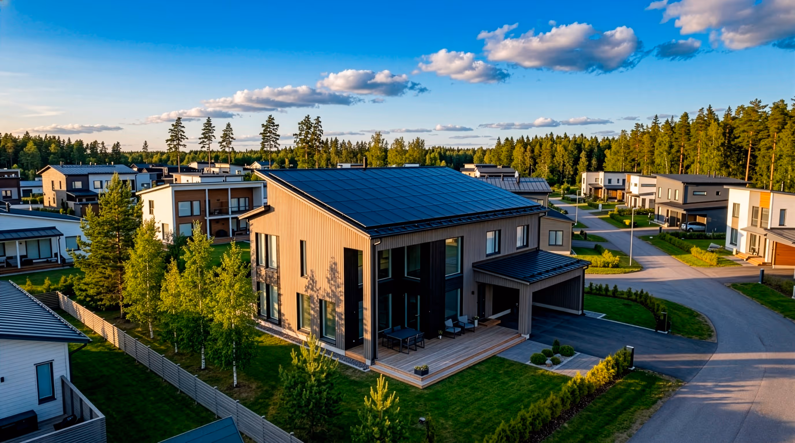 Moderni omakotitalo, jonka katolla on aurinkopaneelit, ympärillään muita taloja ja metsää.