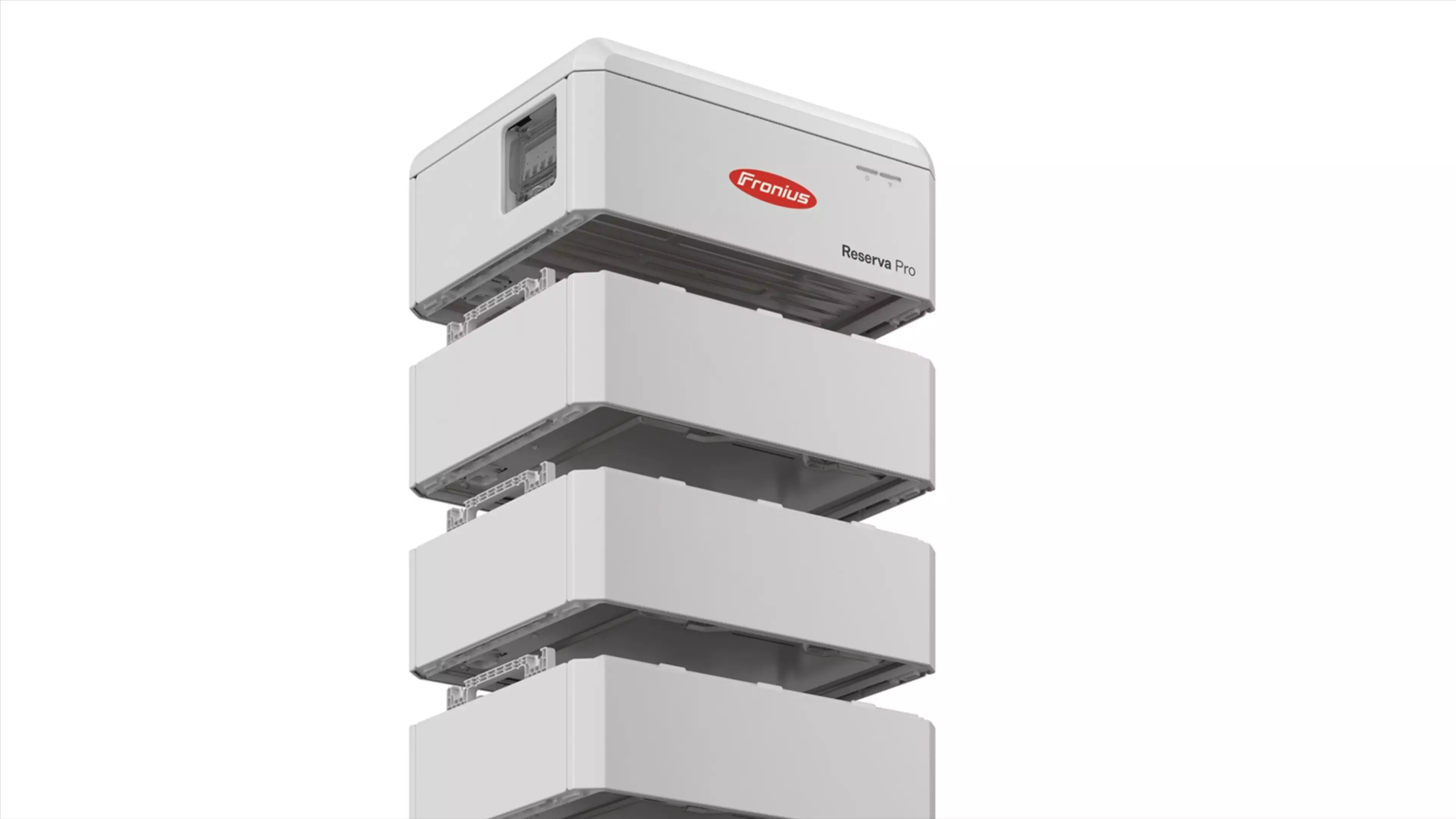 Modulaarinen Fronius Reserva Pro -akun varastorakennelma, valkoisia suorakulmaisia osia.