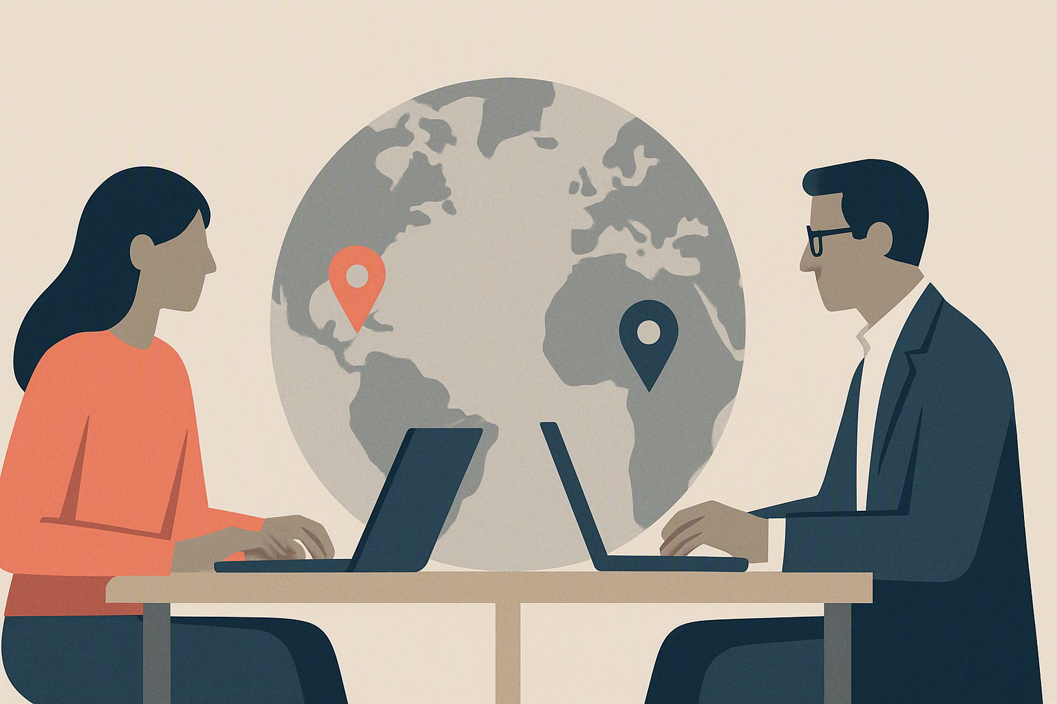 Editorial illustration comparing nearshore and offshore software engineering teams across time zones and workflows.