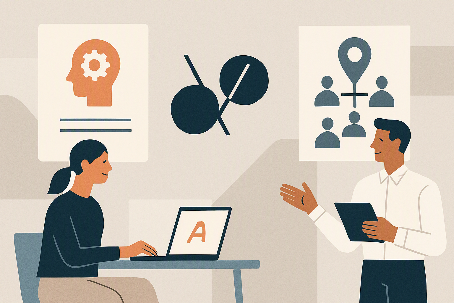 Editorial illustration contrasting AI recruiting software with nearshore development partnerships as two distinct hiring solutions.