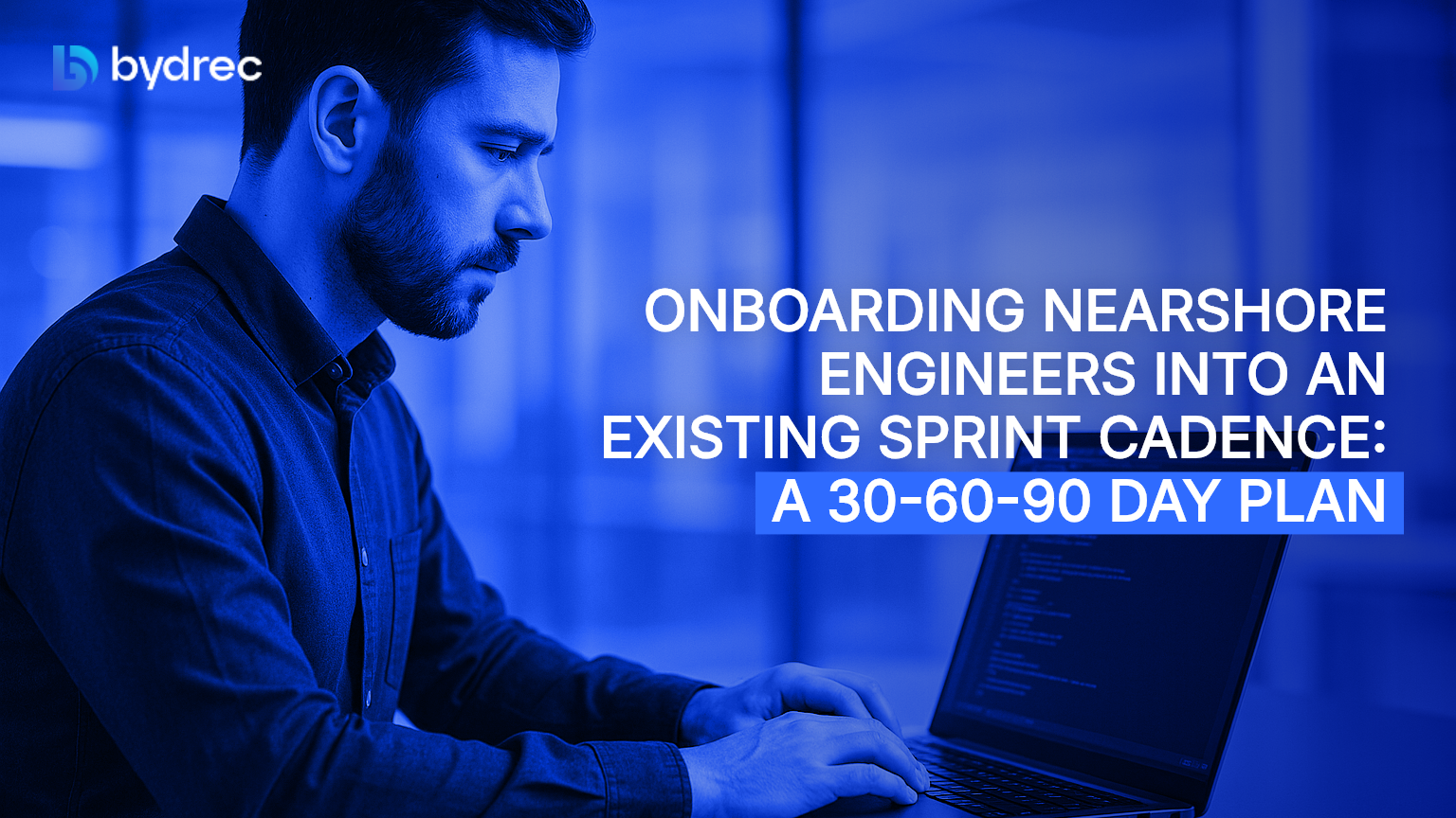 Editorial illustration of nearshore engineers joining a sprint timeline across a 30-60-90 day onboarding plan