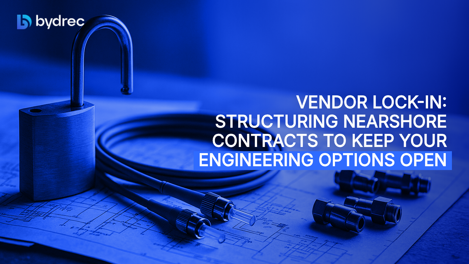 Open padlock and coiled fiber-optic cable on a workshop table with schematics, lit by early morning window light.