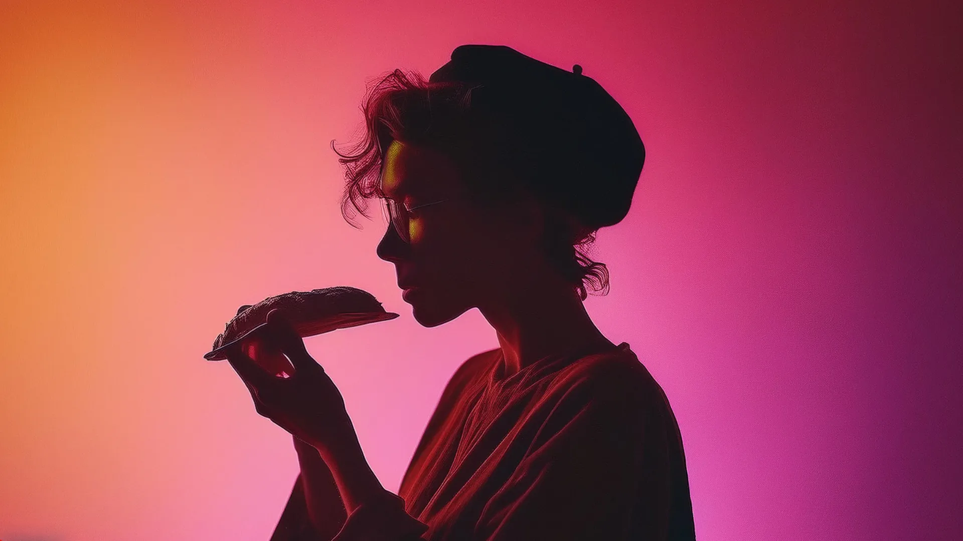 personne avec téléphone sur fond rose et orange
