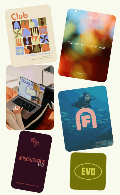 Shows a selection of Studio Anemone's portfolio work, it's an animated image that loads different projects one after the other. Projects include service providers such as personal trainer, dog assisted coach, copywriter, physiotherapist as well as some  hospitality concepts, an innovative pizzeria, holistic centre and some portfolio projects too