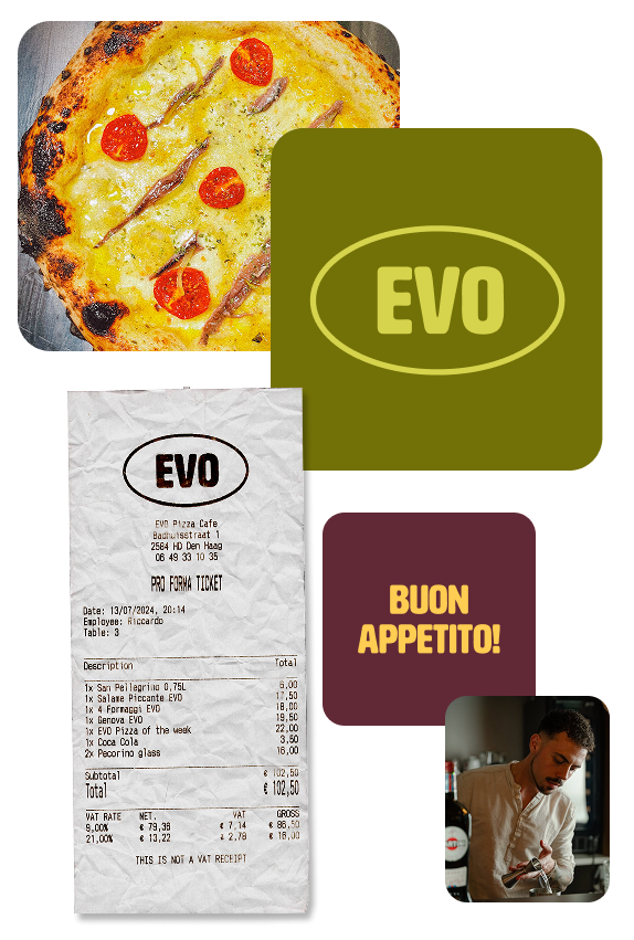  EVO is an innovative pizzeria in The Hague. This is a composition of all the created brand elements by Studio Anemone. 
including the main logo: The background is a bright khaki colour, while the logo itself is a bold sans serif with a circle around it in a bright yellow. as well as a recipe of the restaurant with the logo on it and one of their delicious pizza's. 