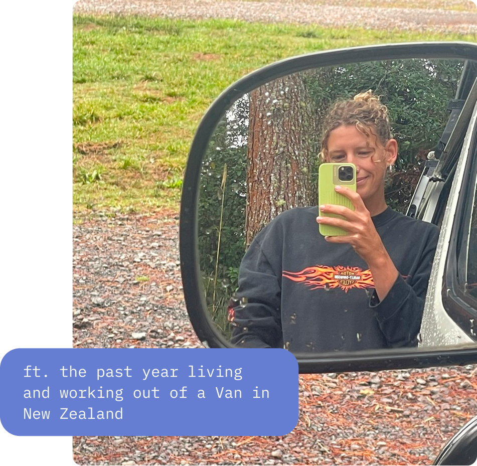 The founder and designer of Studio Anemone shown in a mirror selfie style photo in the side view mirror of her van. It stated a fun fact on top of the picture how she lived and worked out of her van in New Zealand for the past year .