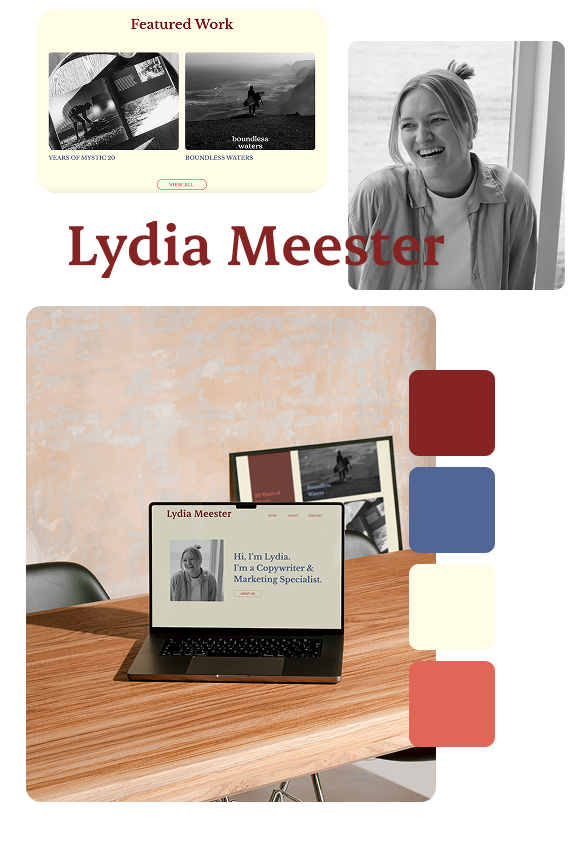Showing Brand Elements of Lydia Meester a creative copywriter. The mockup of the webiste deisgned, thumbnails of her brand colours, a profile shot of Lydia and a details of the featured gallery on her website.