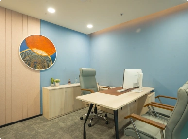 Modern Ignosis AI office with light wood desk, gray chairs, blue walls, and round abstract wall art.