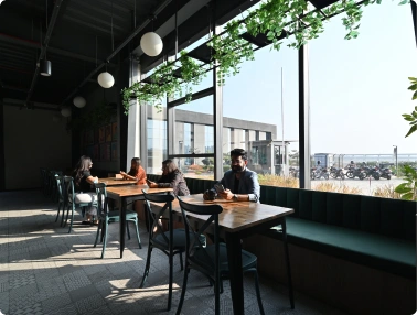People sitting at tables by large windows with hanging plants and sunlight in a modern cafe at Deakin University.