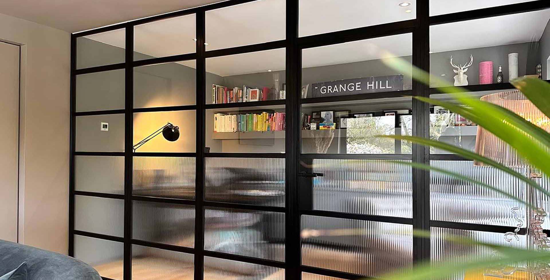 Black Internal Door and screen for office with reeded glass