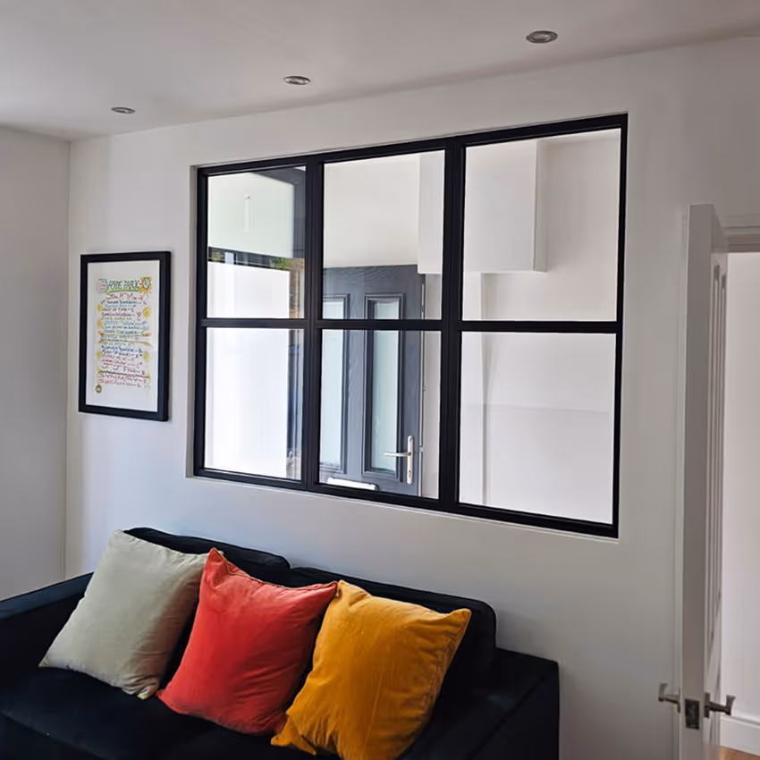 Internal fixed window screen with clear glass & black framing