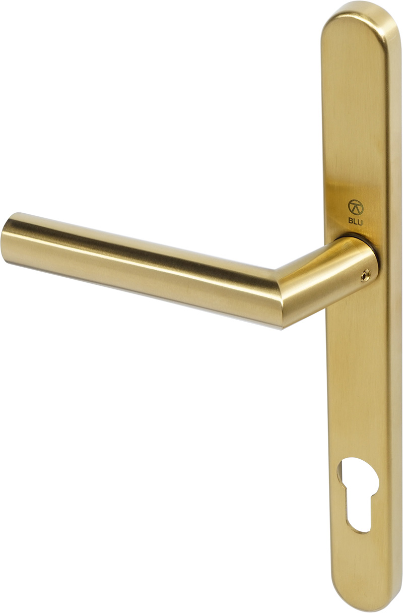 Gold angled door lever handle with a keyhole plate and BLU logo.