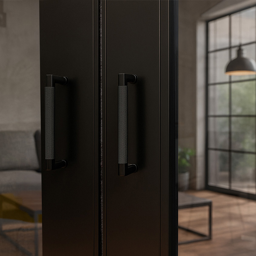 Close-up of black knurled handles on a internal sliding door with a modern living room in the background.