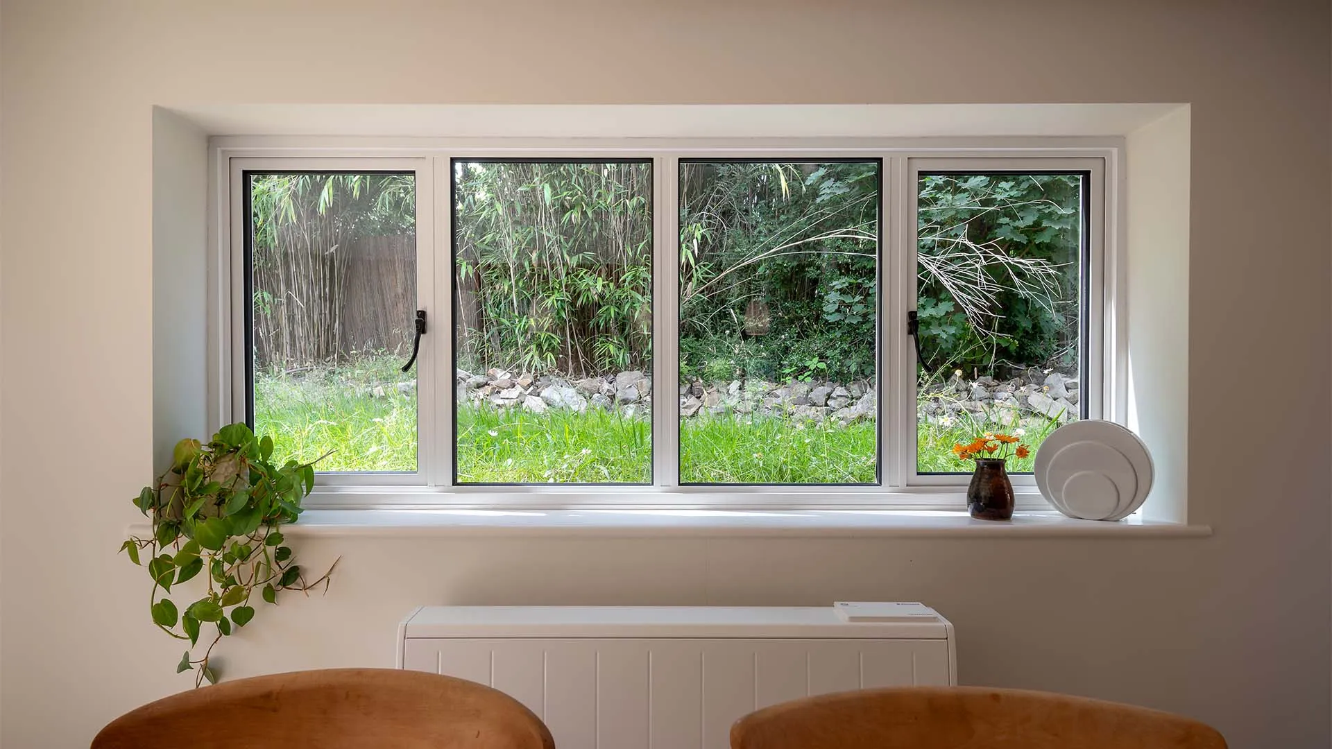 Internal view of slim heritage white windows