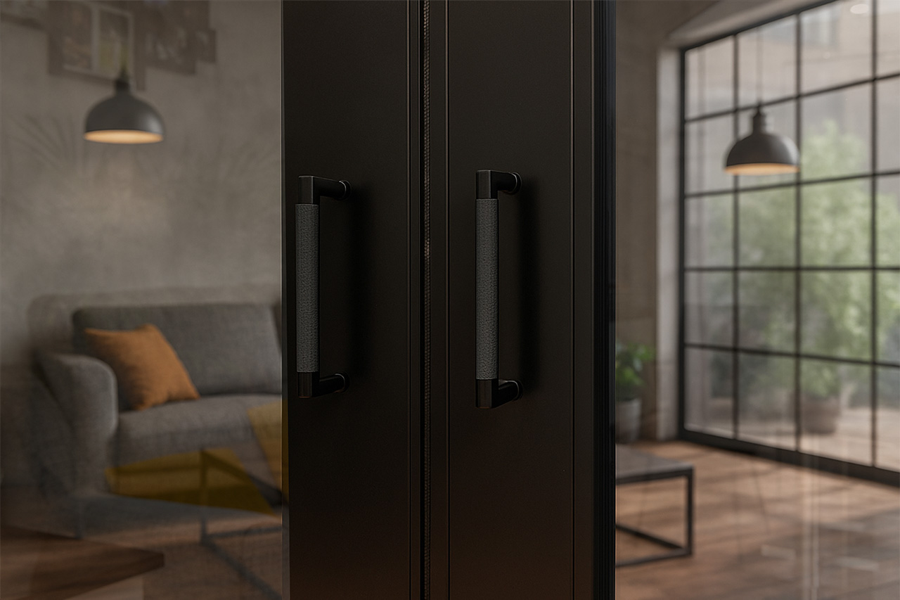 Black Knurled handles on internal slider in industrial chic room
