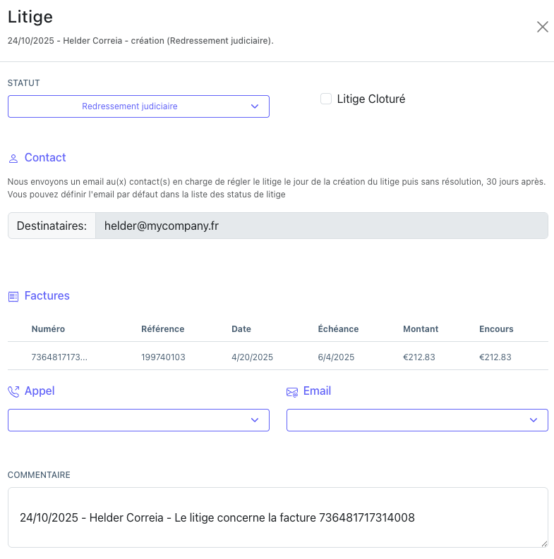 Création et modification des litiges