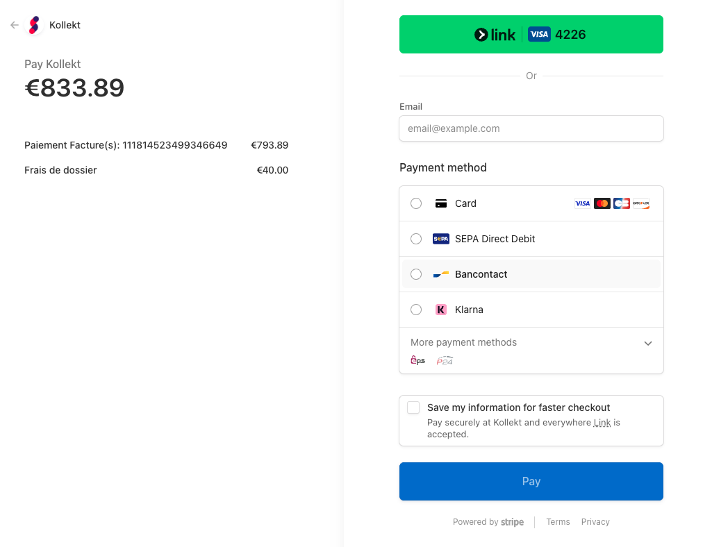 Formulaire de paiement grace à notre intégration Stripe