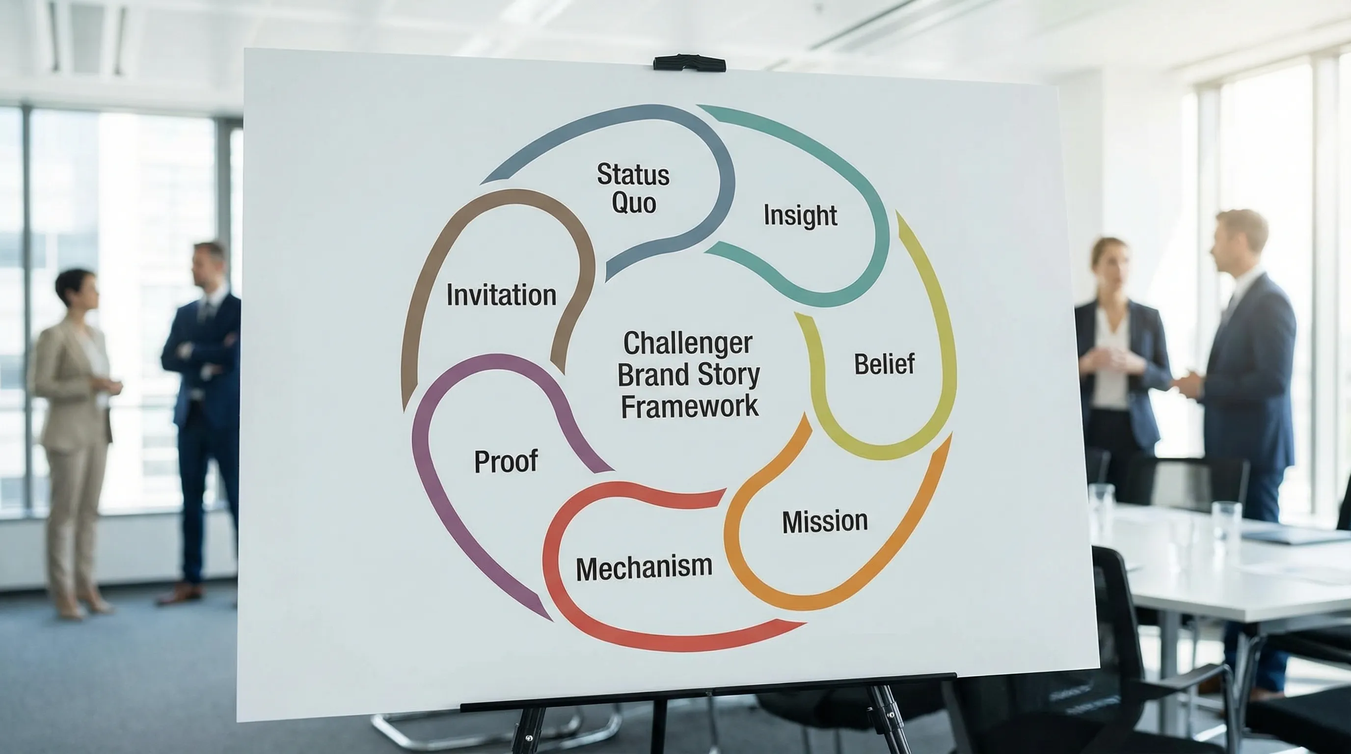 A simple 7-part circular diagram titled “Challenger Brand Story Framework” with the steps: Status Quo, Insight, Belief, Mission, Mechanism, Proof, Invitation. Minimal text, clean shapes, no brand logos.