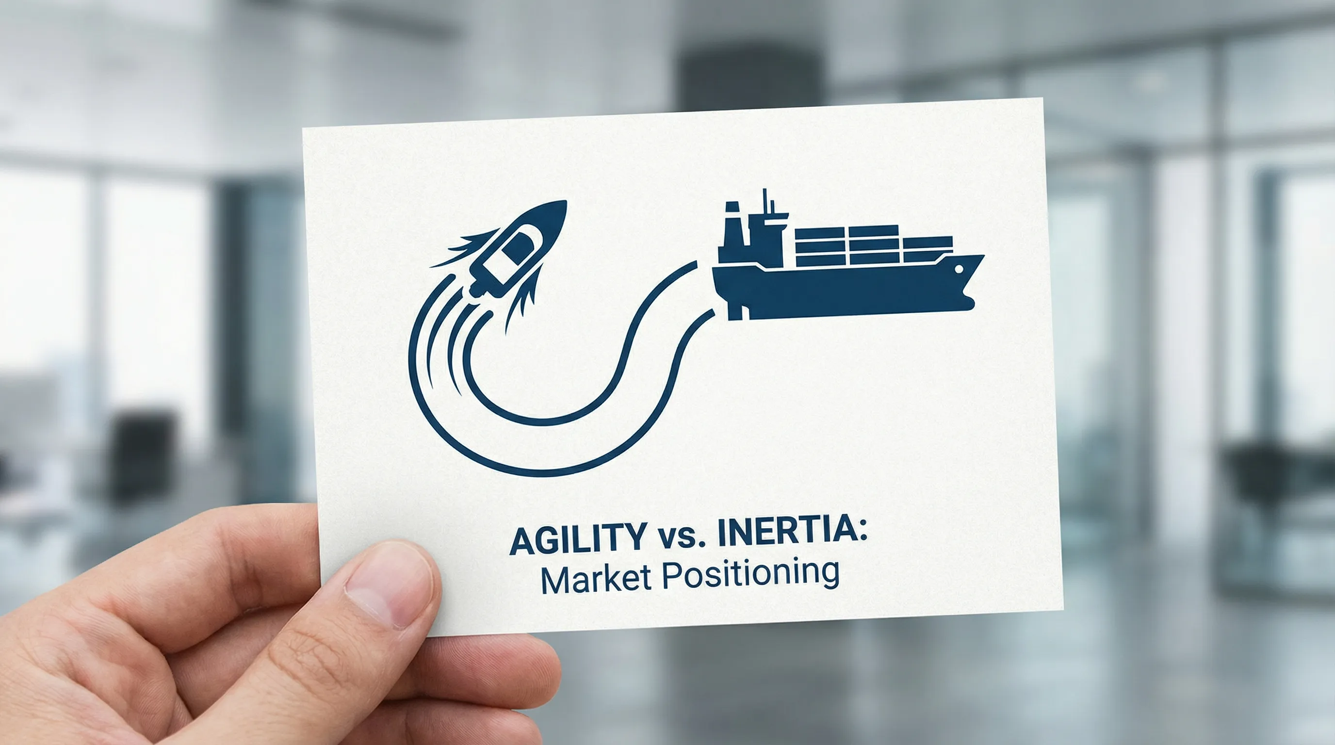 A bold, minimalist illustration of a smaller speedboat changing direction quickly while a large cargo ship turns slowly, symbolizing challengers outmaneuvering incumbents in market positioning.