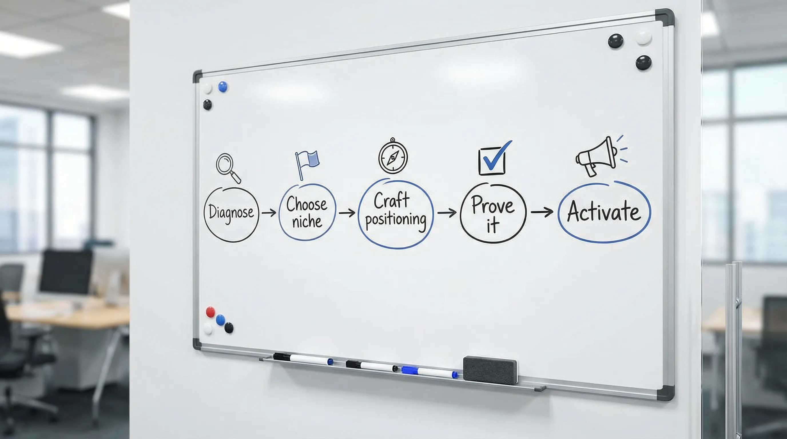 A simple whiteboard-style diagram showing five connected steps: Diagnose, Choose niche, Craft positioning, Prove it, Activate. Each step has a small icon (magnifying glass, flag, compass, checkmark, megaphone).