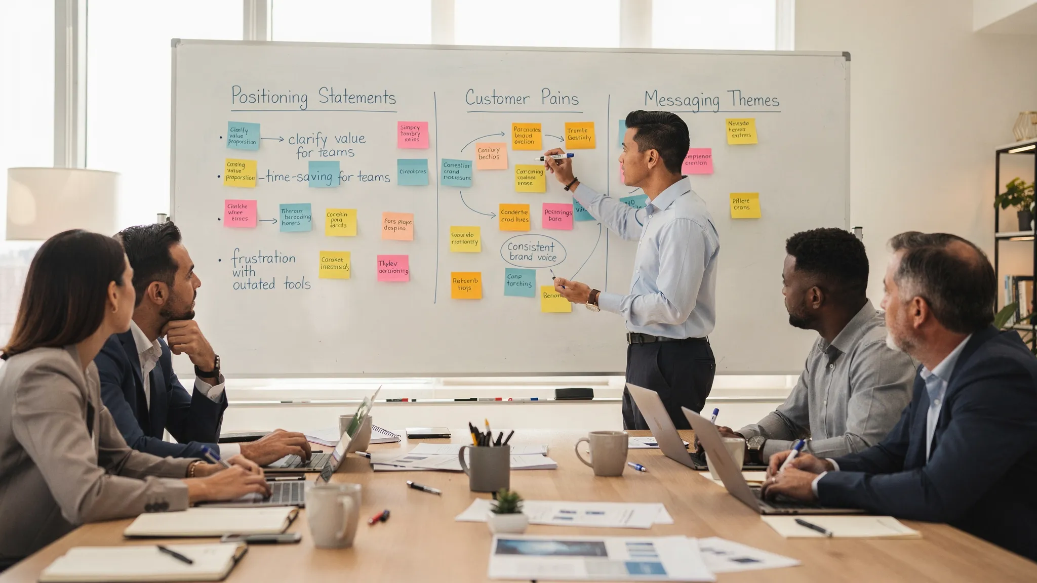 A focused workshop scene with a small leadership team collaborating around a whiteboard covered with positioning statements, customer pains, and messaging themes, suggesting a strategic branding agency discovery session.