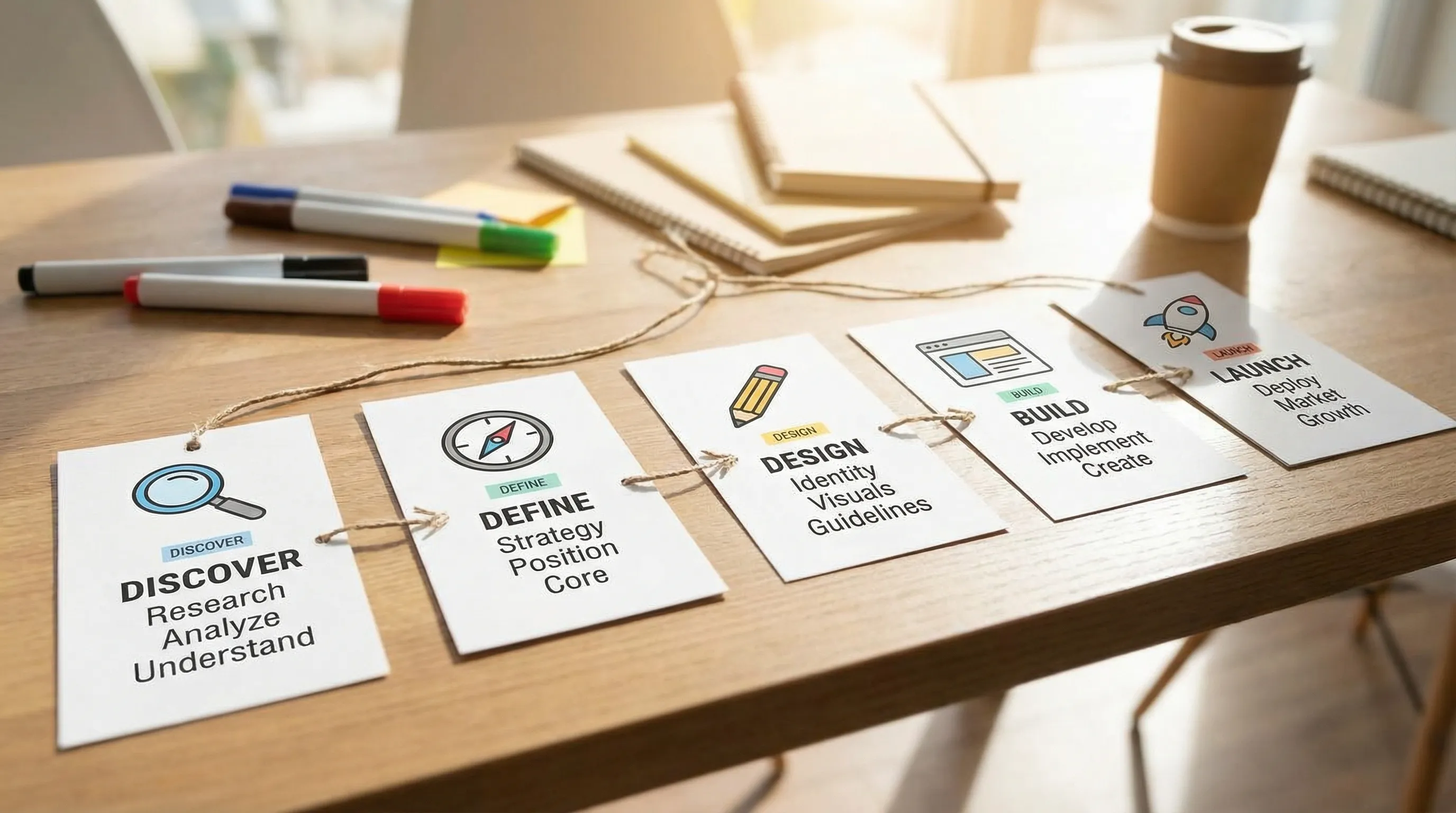 A simple flow diagram showing five steps in a branding project: Discover, Define, Design, Build, Launch. Each step has a small icon (magnifying glass, compass, pencil, browser window, rocket) and short labels beneath.