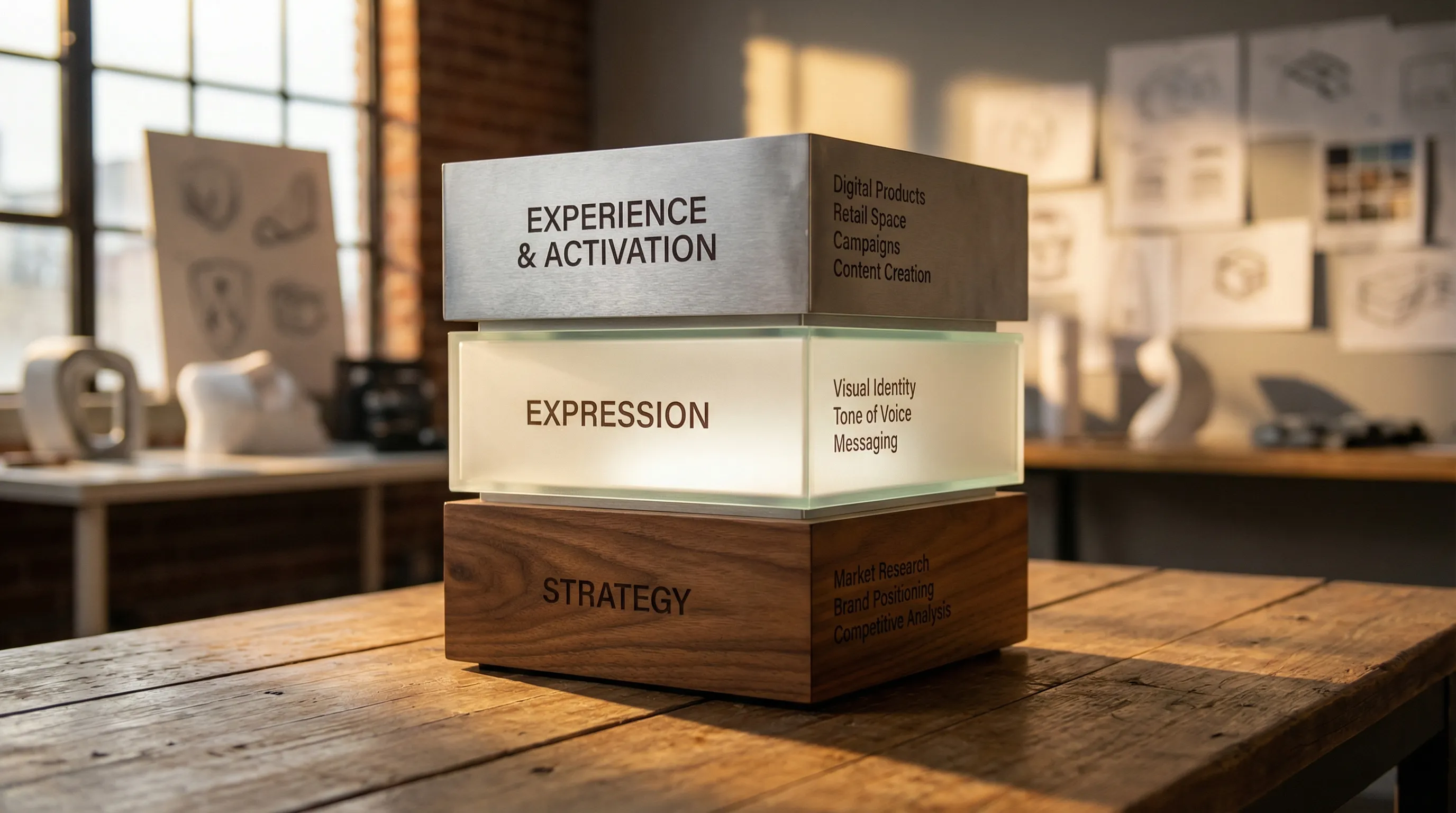 A simple three-layer brand stack illustration showing Strategy at the base, Expression in the middle, and Experience and Activation on top, with short example deliverables in each layer.