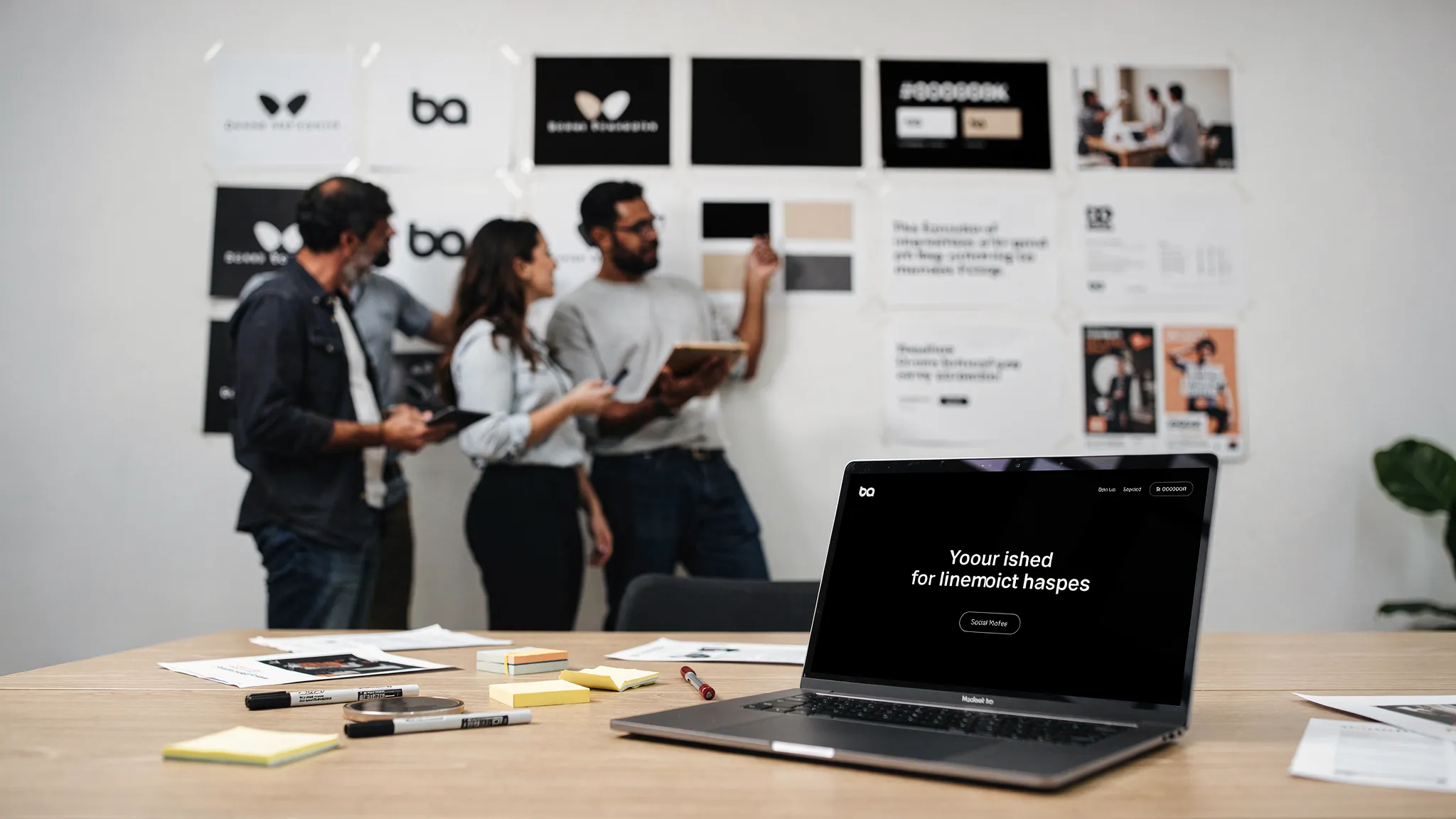 A creative team reviews a brand identity system on a wall with logo variations, color swatches, typography samples, and example social ads, while a laptop shows a website homepage mockup.