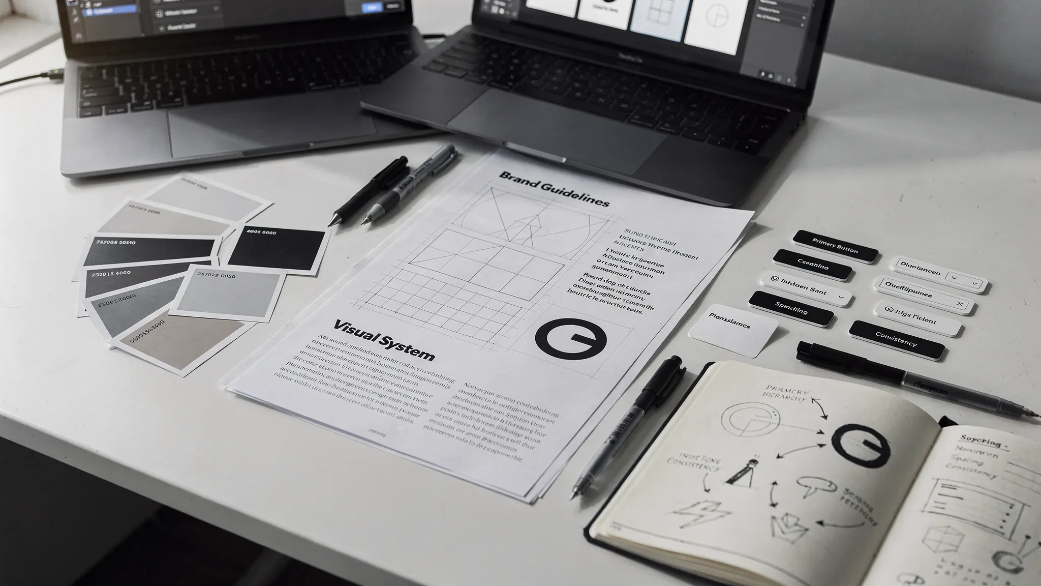 A workspace scene showing printed brand guidelines, color swatches, typography specimens, and UI component cards laid out next to a laptop and sketchbook, representing a cohesive brand system toolkit.