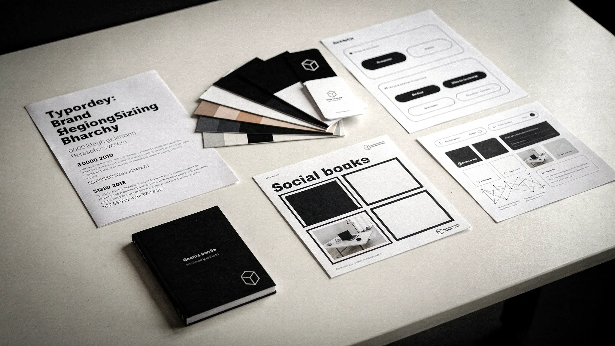 A set of brand system artifacts laid out on a desk, including typography hierarchy samples, color palette cards, UI components, social post templates, and a mini brand guidelines booklet.
