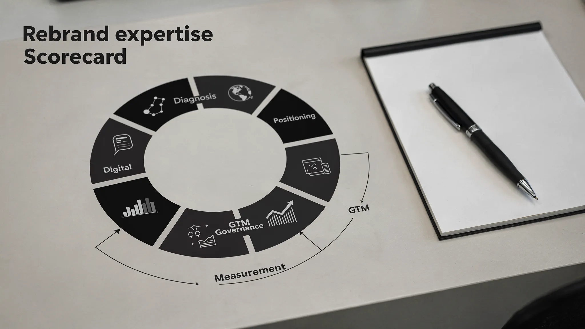 A simple “Rebrand expertise scorecard” visual with seven labeled pillars (Diagnosis, Positioning, System, Digital, GTM, Governance, Measurement) arranged in a clean circular layout, with a notepad and pen on a desk beside it.