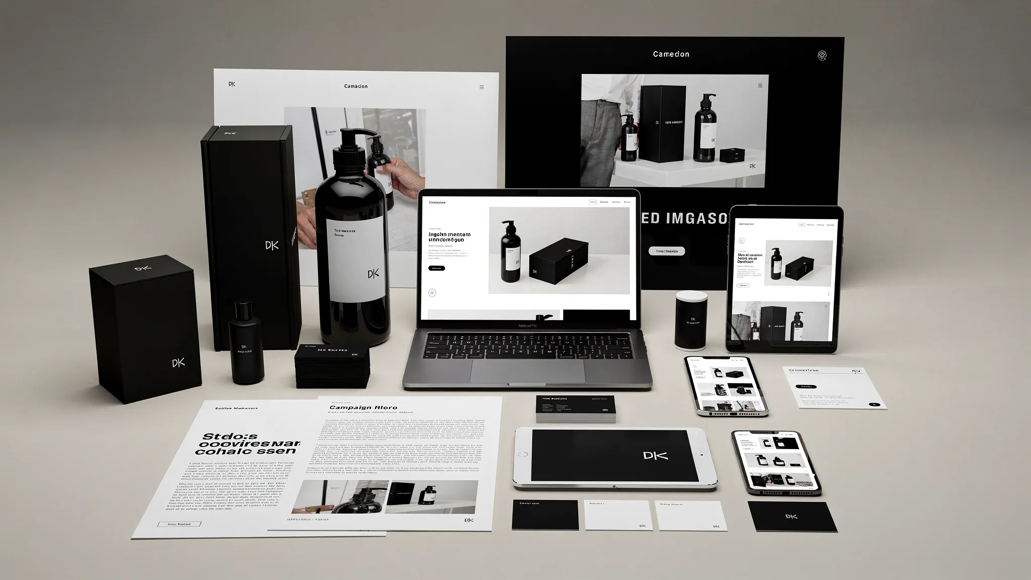 A complete brand identity system displayed across packaging, website screens, business cards, typography samples, color palettes, social posts, and campaign visuals on a clean studio surface.