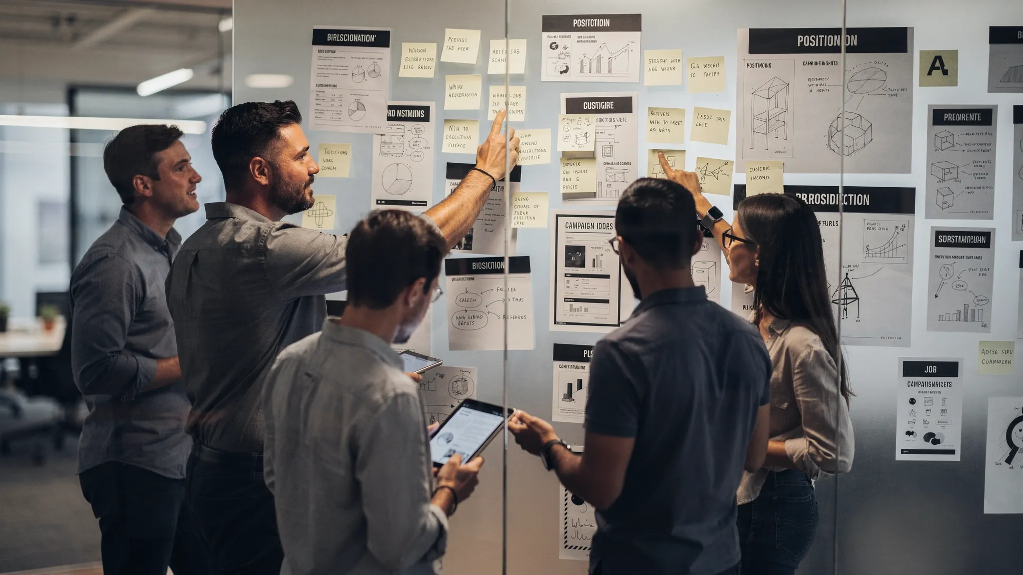 A startup leadership team and brand strategists gather around a wall of positioning notes, customer insights, sketches, and campaign ideas while comparing strategic brand directions.