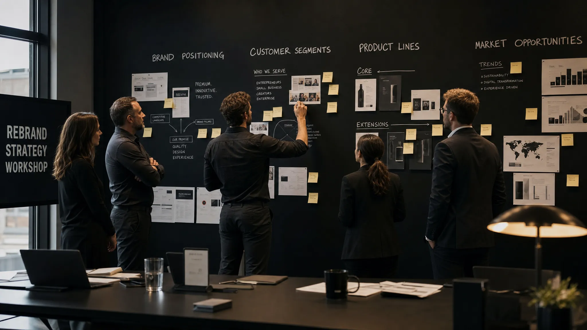 A leadership team mapping brand positioning, customer segments, product lines, and market opportunities on a wall during a strategic rebranding workshop.